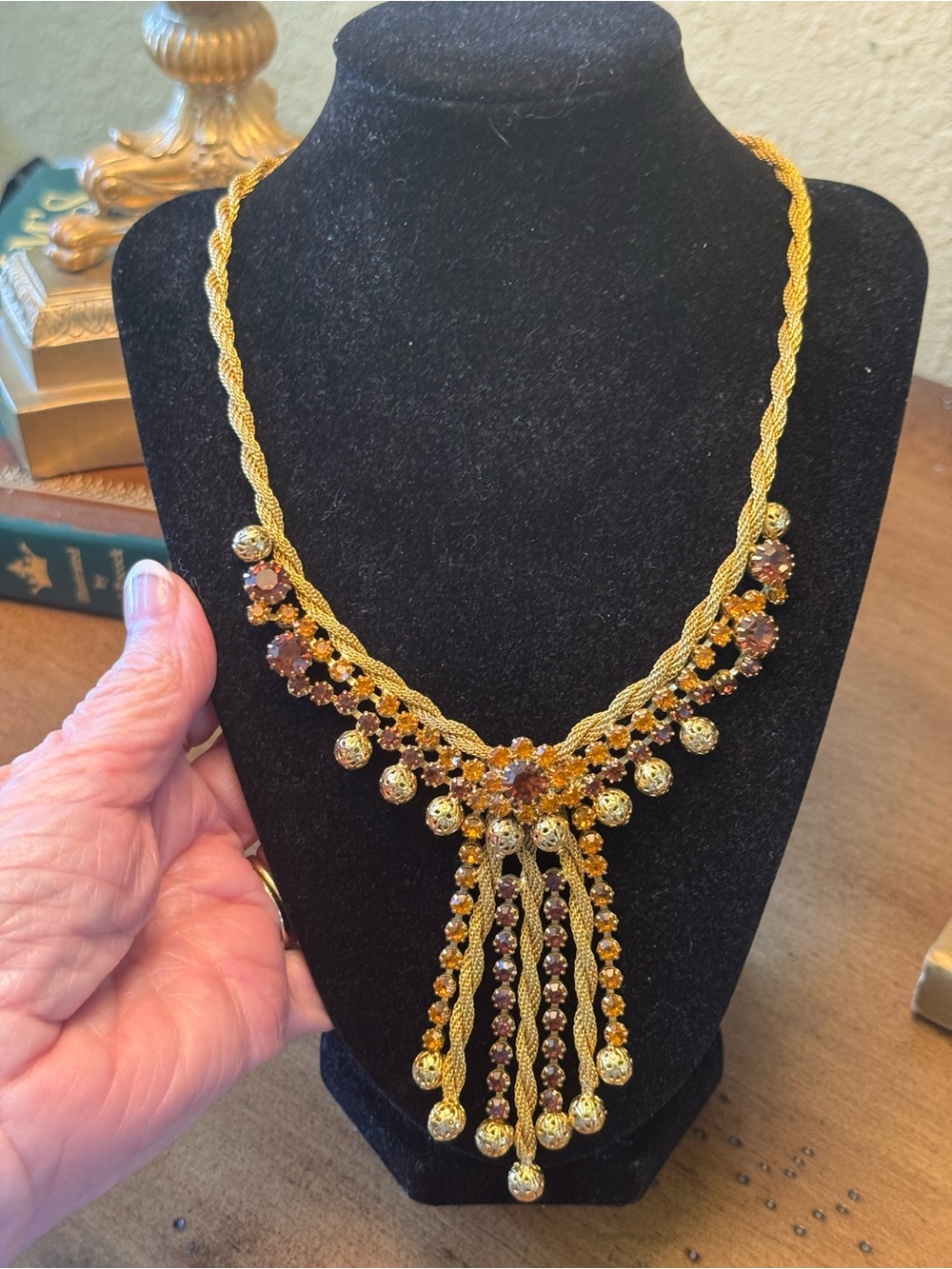 Gold-Tone Amber Crystal Fringe Necklace vintage mesh choker by ST Labre